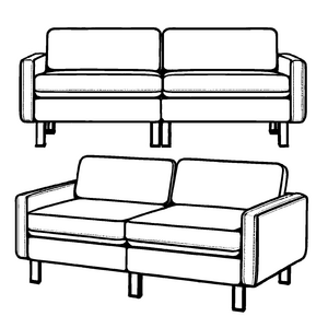 Zwei elegante Retro-Sofas im minimalistischen Stil Ausmalvorlage für neugierige Wohnkünstler