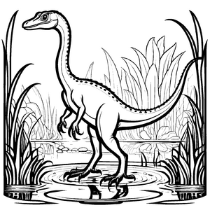 Bezaubernder Compsognathus im spritzigen Wasser-Abenteuer Malvorlage für kleine Entdecker