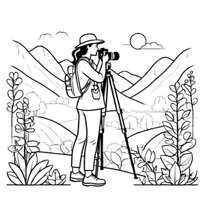 Beeindruckende Fotografin mit Kamera in den Bergen Ausmalmotiv für kreative Köpfe
