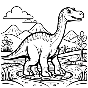 Fröhlicher Diplodocus im glitzernden Pfützen-Abenteuer Ausmalbild für kleine Dinosaurier-Fans