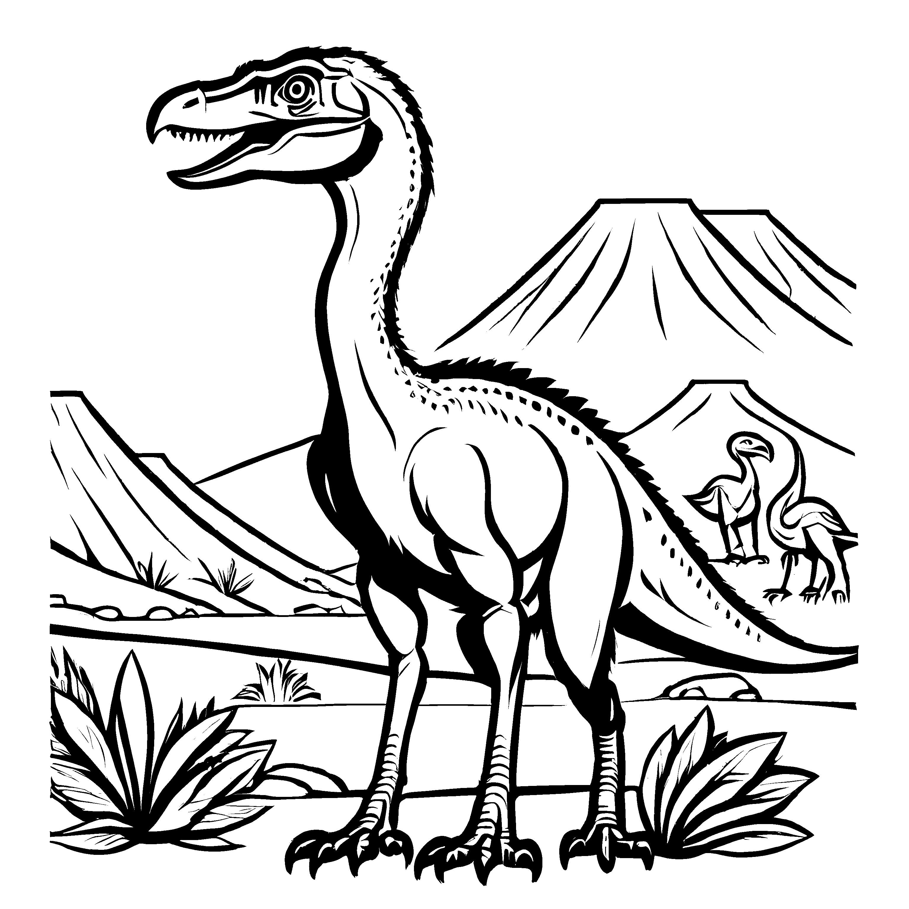 Imposanter Deinonychus neben jungem Strauß Ausmalbild für kleine Entdecker