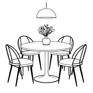 Lebendiger runder Tisch mit bunten Blumen und Stühlen Ausmalvorlage für kleine Designer und kreative Gestalter