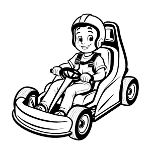 Strahlendes Go-Kart mit fröhlichem Fahrer auf abenteuerlicher Rennstrecke Malvorlage für entdeckerfreudige Kinderkartenlenker