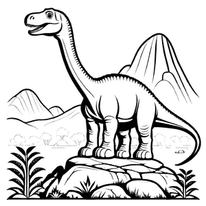 Überraschender Diplodocus in einer schroffen Berglandschaft Ausmalmotiv für kleine Abenteuerer in Dino-Entdeckungslaune