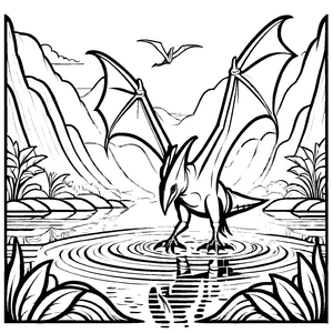 Faszinierender Pteranodon am Wasser mit Pflanzen Malvorlage für abenteuerlustige kleine Forscher