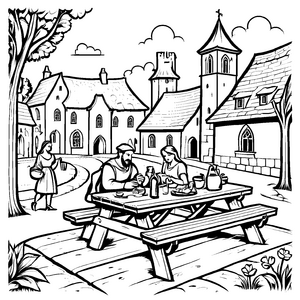 Romantischer Picknicktisch mit Wein und schattigen Bäumen Malvorlage für träumerische Ausmalkünstler