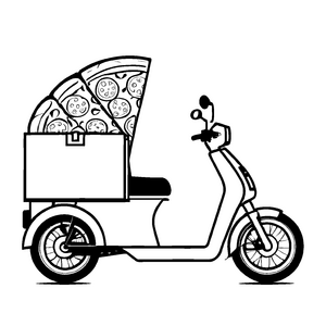 Spaßiger Pizzabote mit süßem Hund auf dem Roller Ausmalvorlage für kleine Entdecker der Esskultur
