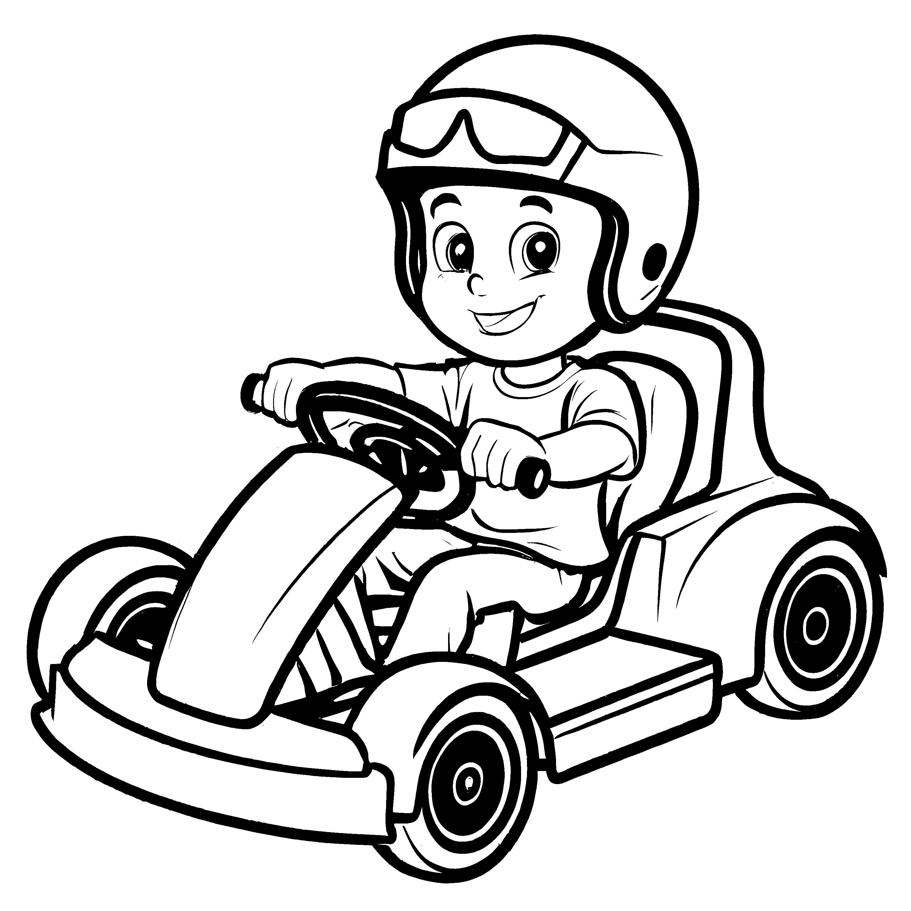 Fröhliches Go-Kart mit strahlendem Fahrer auf spannender Fahrt Malvorlage für kleine Entdecker mit Abenteuerlust
