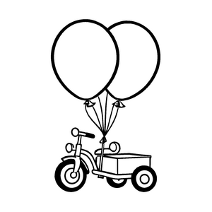 Zwei bunte Ballons am fröhlichen Dreirad Ausmalbild für kleine Luftakrobaten