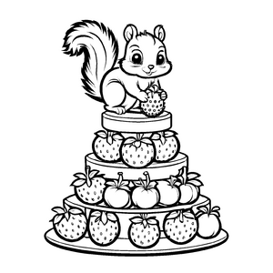 Fruchtiger Kuchen mit süßem Eichhörnchen Ausmalvorlage für fantasievolle Naschkatzen