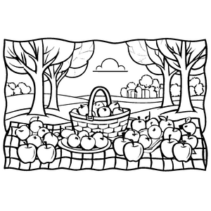 Bezaubernde Apfel-Mosaiklandschaft mit Körbchen Ausmalvorlage für fantasievolle Künstler