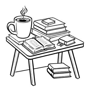 Inspirierender Schreibtisch mit Kaffee und Büchern Ausmalbild für kluge Denker