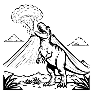 Furchtinstinct Tyrannosaurus Rex über rauchendem Berg Ausmalbild für mutige Weltraumforscher