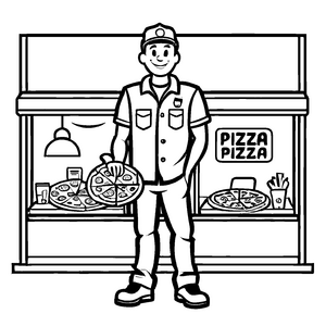 Pizzabote vor dem leckeren Pizza-Schild Malvorlage für hungrige Entdecker