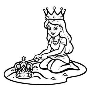 Prinzessin im Sand mit königlicher Krone und Zepter Ausmalmotiv für fantasievolle Schatzsucher