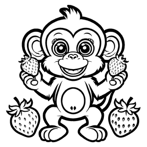 Fröhlicher Affe mit vier saftigen Erdbeeren Malvorlage für kleine Obstliebhaber