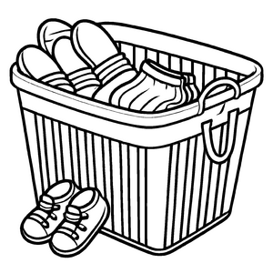 Faszinierender Wäschekorb mit bunten Babyschuhen und Kleidung Ausmalbild für kleine Modeentdecker
