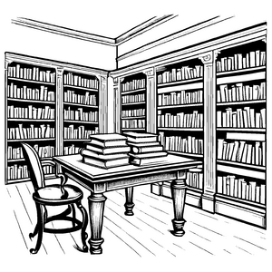 Klassischer Vintage-Tisch mit Bücherstapeln Ausmalbild für kleine Geschichtenerzähler