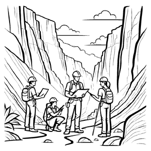 Explorierende Geologen vor steiler Felswand Ausmalbild für abenteuerlustige Naturforscher