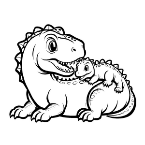 Bezaubernder Tyrannosaurus Rex mit kleinem Dino auf dem Bauch Ausmalbild für fantasievolle Künstler