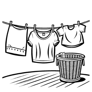 Charmanter Wäschekorb mit leuchtenden T-Shirts auf der Leine Ausmalbild für fröhliche Entdecker von Haushaltswundern