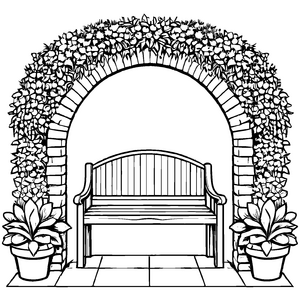 Gemütliche Gartenbank zwischen bunten Blumentöpfen Ausmalbild für fantasievolle Pflanzensetzer