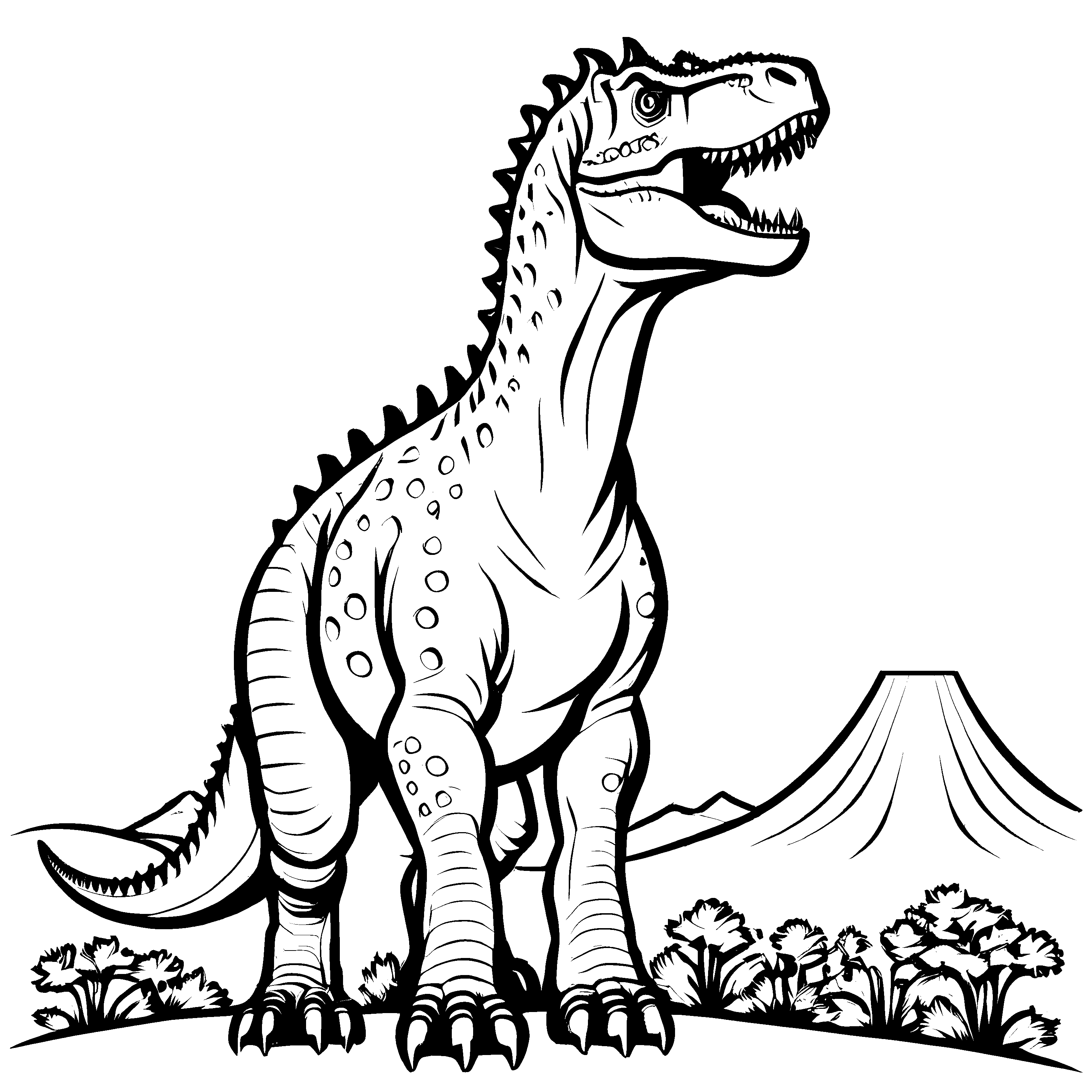 Furchtloser Carnotaurus in aufregender Berglandschaft Malvorlage für mutige Dinoschützer
