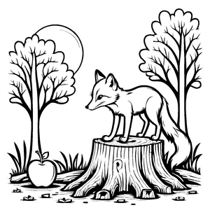 Verspielt sitzender Fuchs auf Baumstumpf mit Apfel Ausmalvorlage für fantasievolle Naturentdecker