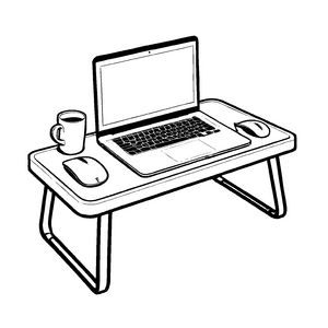 Innovativer Schreibtisch mit Laptop und Tassen Ausmalbild für aufstrebende Technik-Entdecker und kreative Köpfe