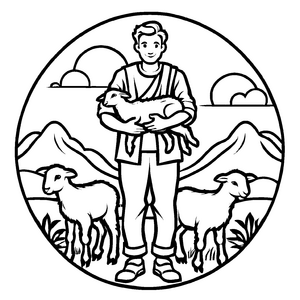 Freundlicher Hirte mit zwei glücklichen Schafen Ausmalbild für neugierige Naturentdecker