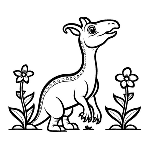 Wunderschöner Parasaurolophus neben bunter Blume Ausmalmotiv für kleine Naturforscher