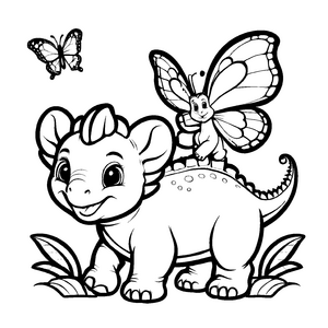 Fröhlicher Triceratops mit zarter Schmetterlingsgesellschaft Malvorlage für kleine Dinosaurier-Abenteurer