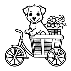 Hübsches Hundemotiv auf Fahrrad mit Blumenkorb Malvorlage für kleine Entdecker