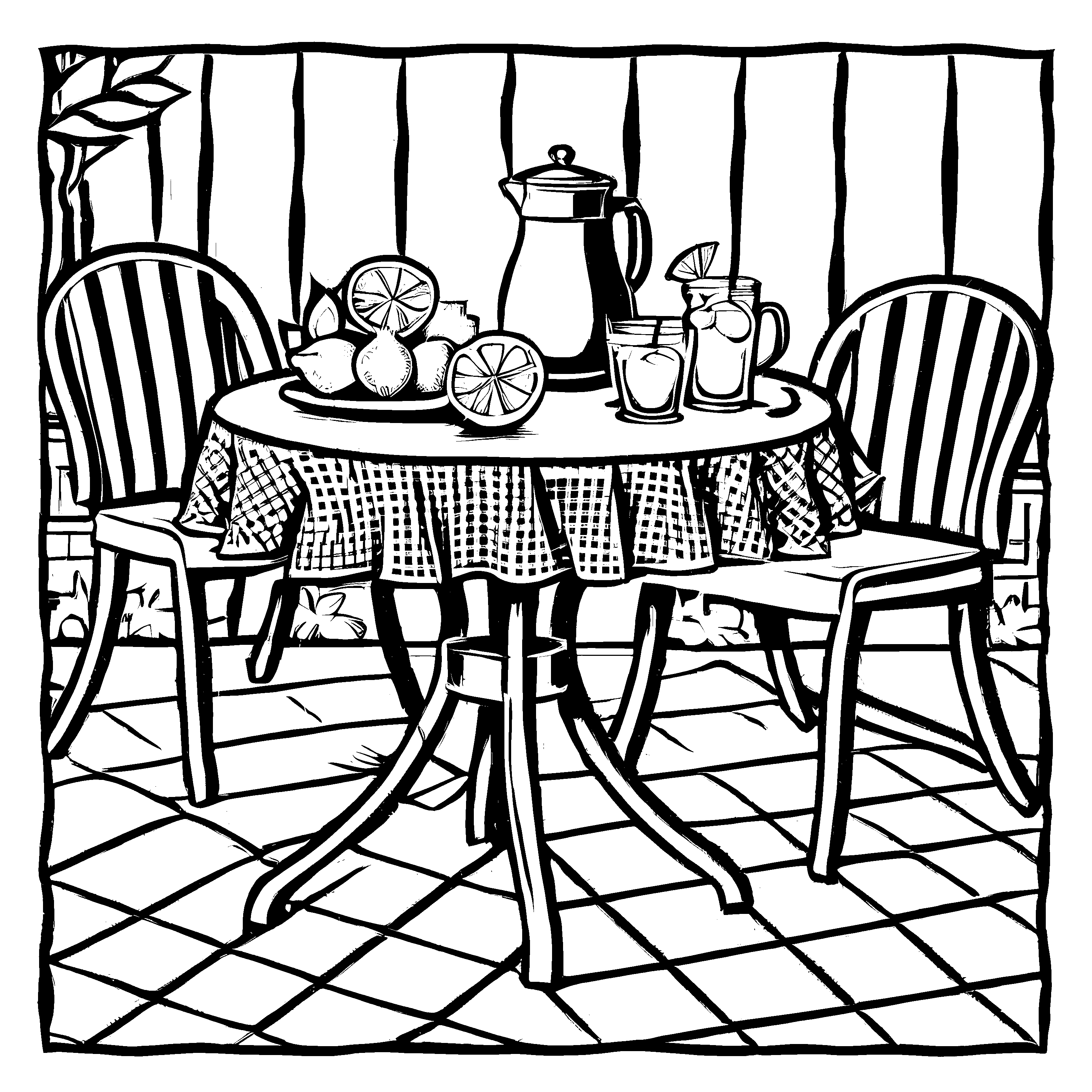 Fröhlicher Tisch mit bunten Früchten und Stühlen Ausmalvorlage für kleine Gartenkünstler