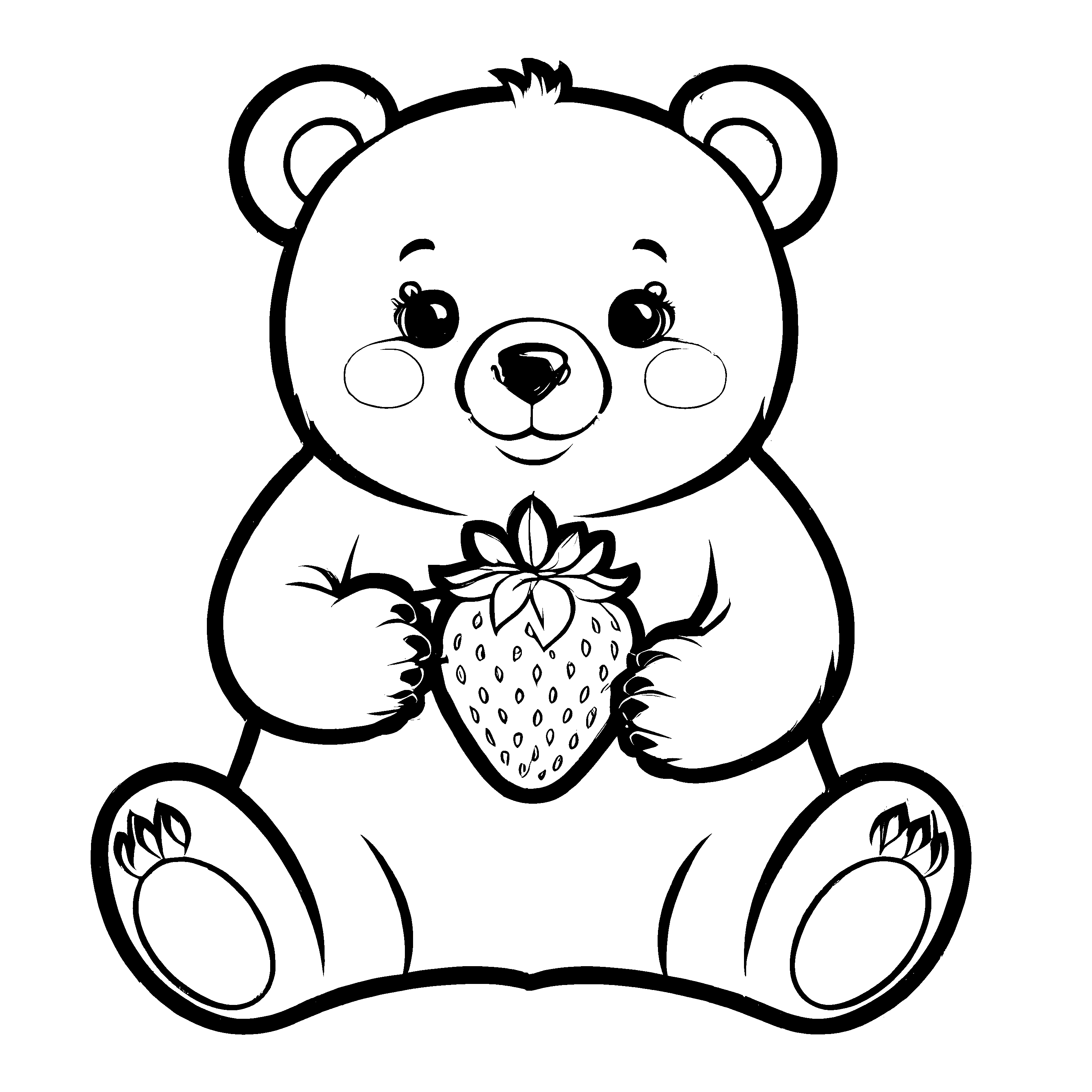 Niedlicher Teddybär umarmt saftige Erdbeere Malvorlage für fantasievolle Entdecker