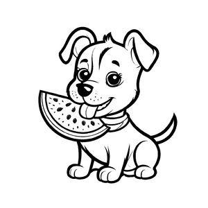 Verspielter Hund mit einer bunten Wassermelone Malvorlage für kleine Genusskünstler