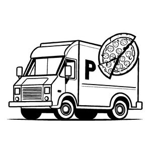 Pizza-Lieferwagen mit köstlicher Beladung Ausmalbild für fantasievolle Genusssucher