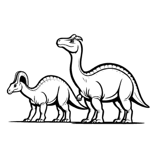 Majestätischer Parasaurolophus mit seinem süßen Nachwuchs Ausmalvorlage für kleine Dinosaurier-Fans
