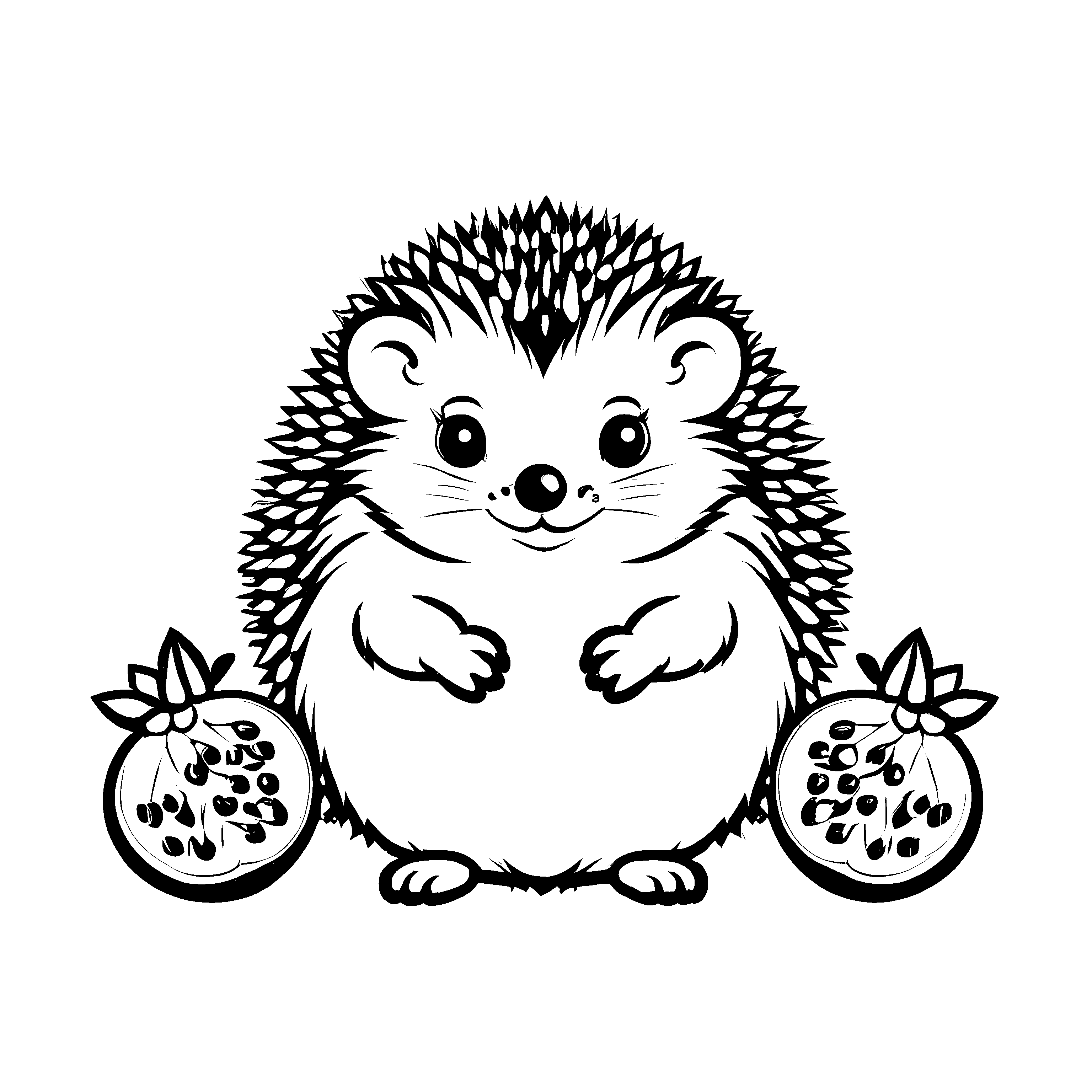 Verspielter Igel mit drei saftigen Granatäpfeln Malvorlage für kleine Entdecker