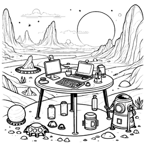 Futuristischer Tisch mit erstaunlichen Gadgets Ausmalbild für ehrgeizige Entdecker