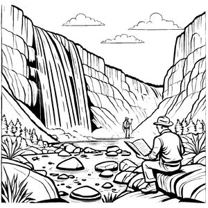 Begeisterter Geologe beim Lesen am rauschenden Wasserfall Ausmalvorlage für neugierige Naturfreunde mit Forscherdrang