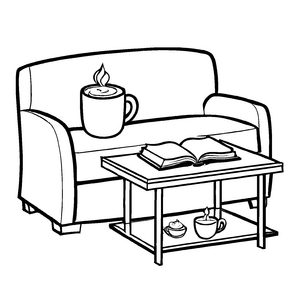 Gemütlicher Couchtisch mit Buch und Tasse Malvorlage für träumende Geschichtenerzähler