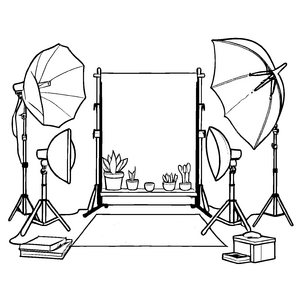 Bezauberndes Fotostudio mit Pflanzen und Lichtausstattung Ausmalbild für neugierige Künstler