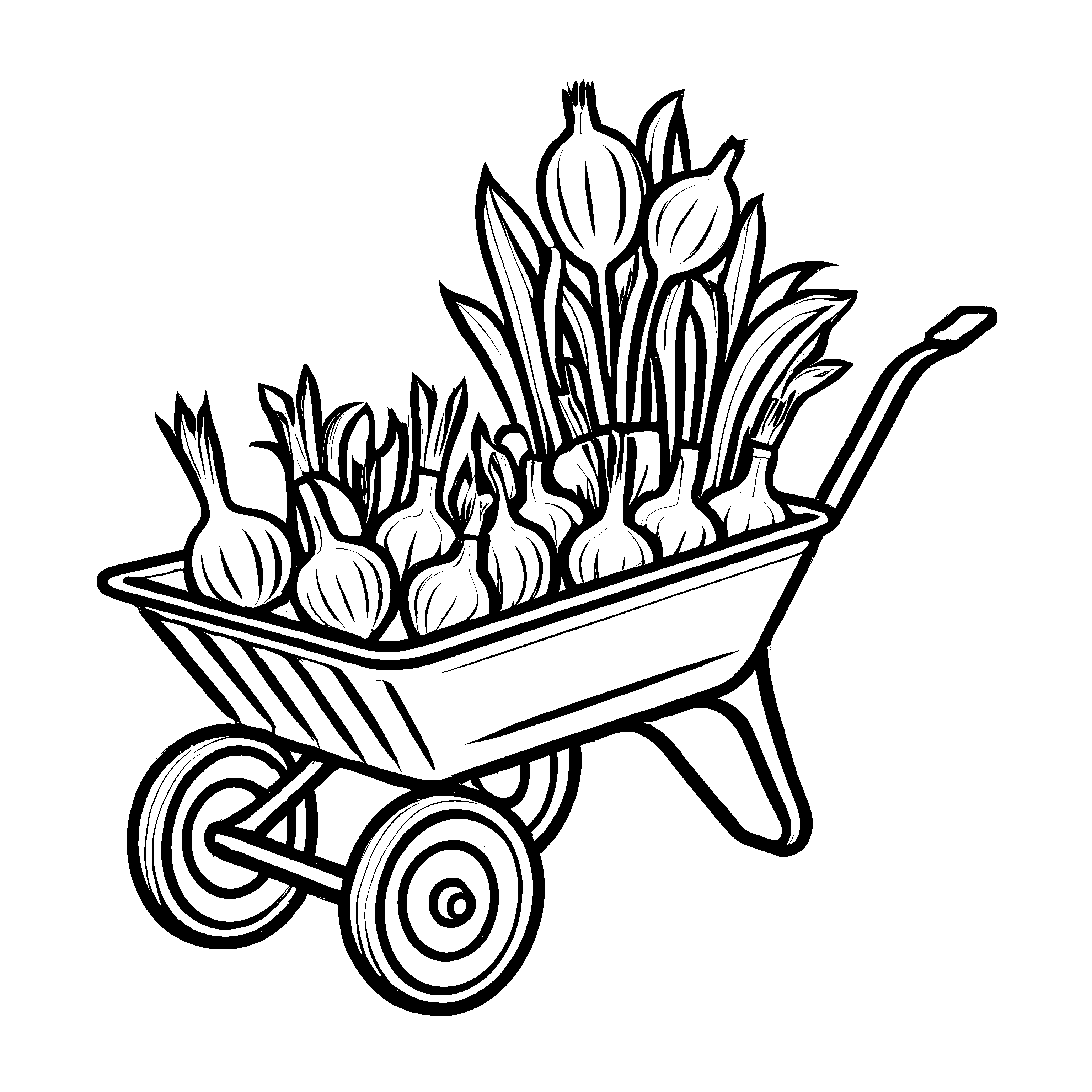 Wagen voller knuspriger Zwiebeln als Malvorlage für kleine Gartenfreunde