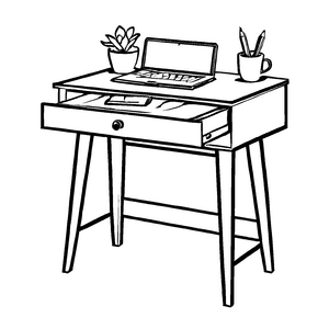 Schicker Schreibtisch mit Laptop und Pflanzen Ausmalvorlage für pfiffige Entdecker