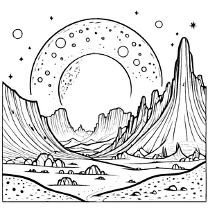 Süße Mondlandschaften-Ausmalvorlage zum Entdecken und Gestalten