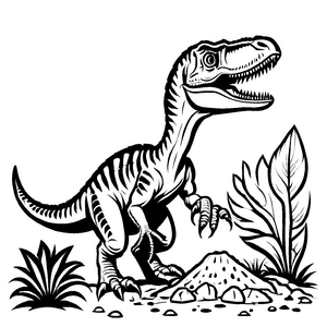 Schicker Velociraptor an einem Felsen Malvorlage für abenteuerlustige Entdeckerherzen