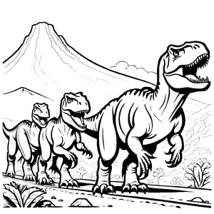 Großer Tyrannosaurus Rex mit zwei kleinen Begleitern Ausmalvorlage für mutige Dino-Abenteurer
