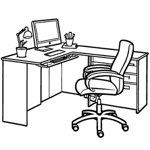 Eindrucksvoller Ecktisch mit aufregendem Büro-Setup Ausmalmotiv für junge Ideenfinder