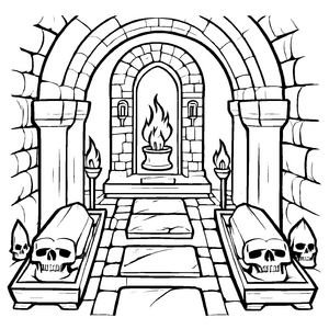Schauerliche Gruft mit strahlenden Fackeln Malvorlage für mutige Abenteurer und kleine Mystiker
